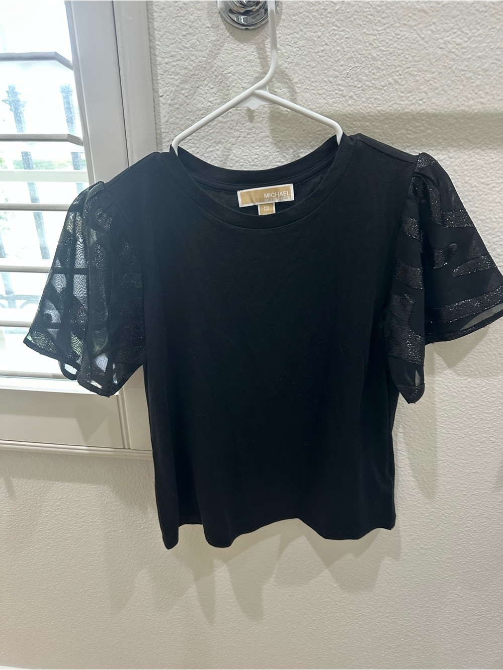 MICHAEL Michael Kors Black Tee with Sheer Patterned Puff Sleeves